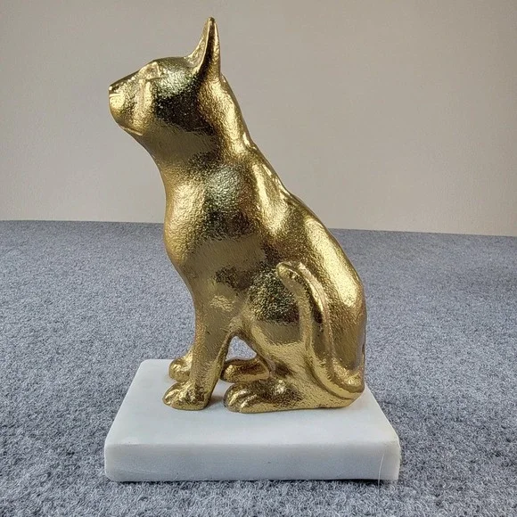 Vintage 6" Gold Textured Cat Figurine Statue on White Marble Base Bookend Decor - Picture 16 of 16